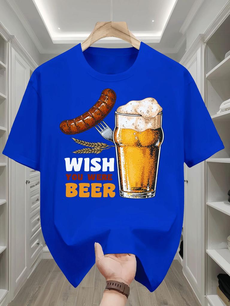 Unisex White Crew Neck Cotton T Shirt Wish You Were Beer Sausage Wheat Graphic Funny Drinking Party Short Sleeve Casual Daily Tops