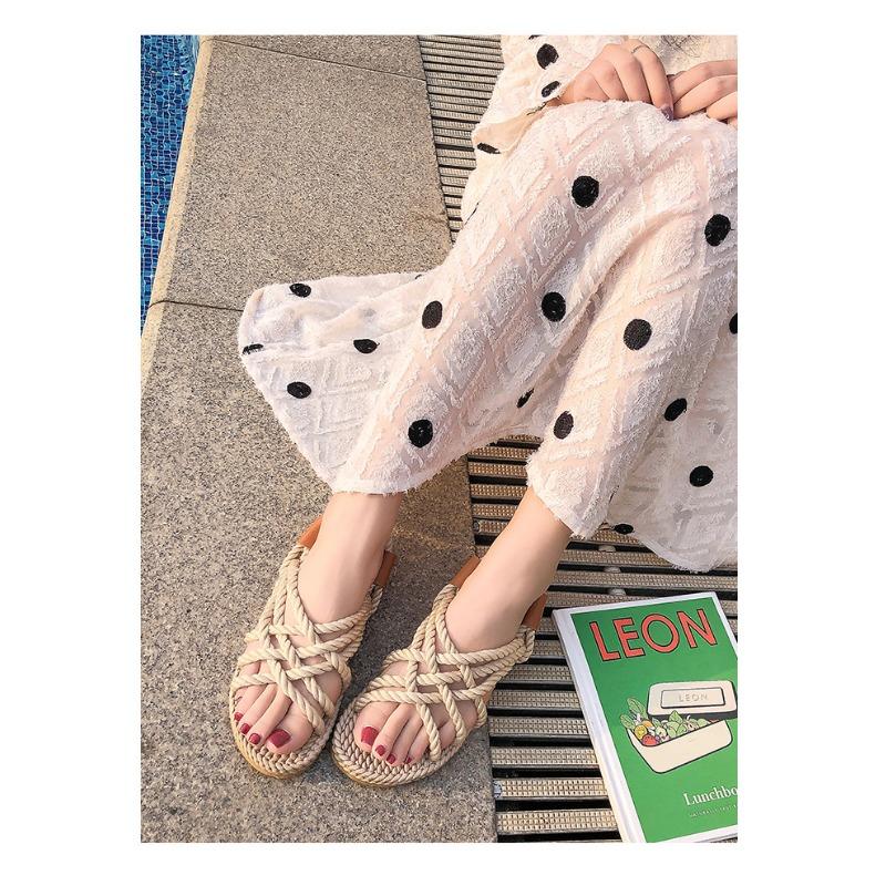 Sandalai Moteriški Plokščiapadžiai Kanapinė Virvė Kryžiuoti Dirželiai Moteriški Batai Atviru Priekiu Kasdieniai Paplūdimio Sandalai