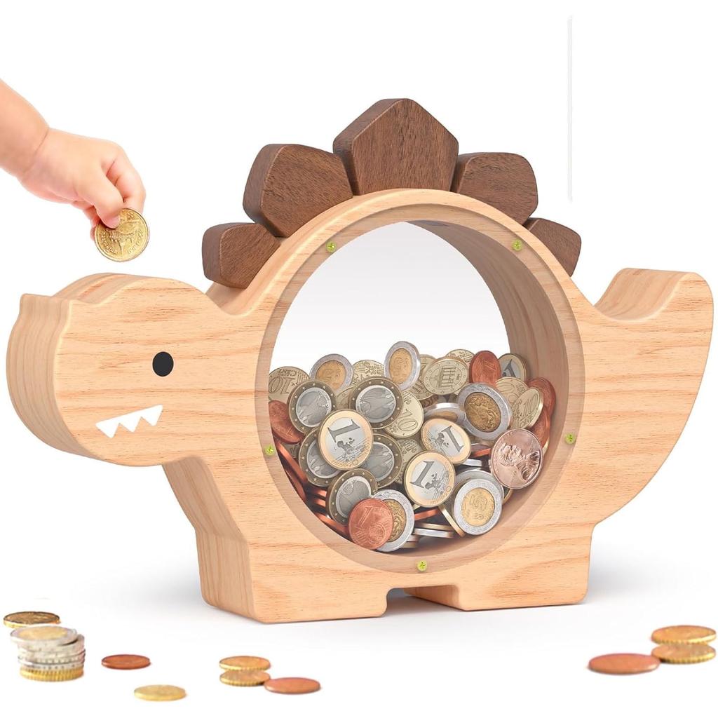 Wooden Dinosaur Piggy Bank for Kids Boys Cute Wood Dino Money Bank for Toddlers Saving Coin Jar Birthday Gift & Decor for Child