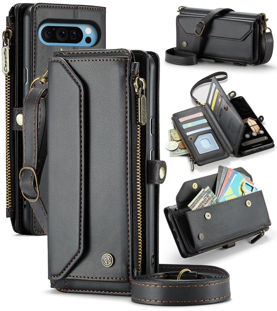 For Google Pixel 7a/Pixel 8/Pixel 8 Pro/Pixel 9/Pixel 9 Pro/Pixel 9 Pro XL/Pixel 9a Multifunctional Storage PU Leather Crossbody Phone Case