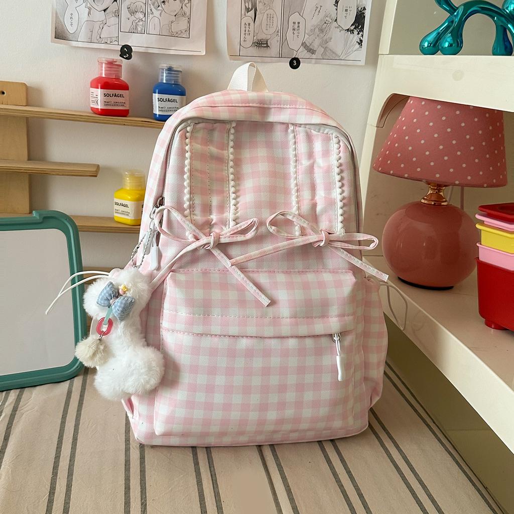 Schoolbag Fresh Light Blue Plaid Bow Girl Heart Backpack Primary School Students Literature Class Shopping Travel Versatile Schoolbag