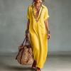 Sommer Baumwoll-Leinen Maxikleid für Damen Lässig V-Ausschnitt Kurzarm Fließendes Strand-Sonnenkleid Bestickte Tunika Langes Kleid mit Tasche