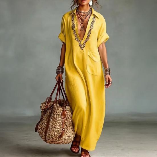 Sommer Baumwoll-Leinen Maxikleid für Damen Lässig V-Ausschnitt Kurzarm Fließendes Strand-Sonnenkleid Bestickte Tunika Langes Kleid mit Tasche