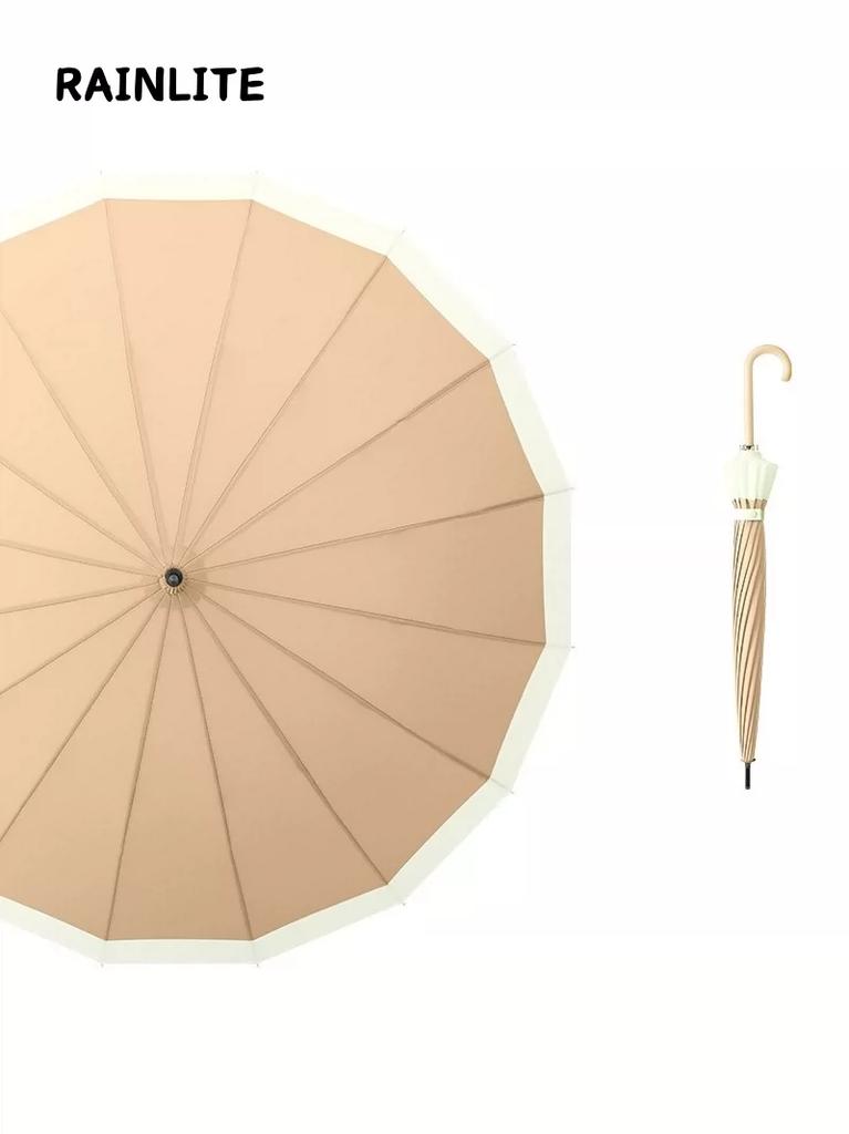 Rainlite Japanese and Korean Small Fresh Long Handle Umbrella 16 Bone Large Straight Rod Sunny Umbrella Windproof Wood Curved Handle Umbrella