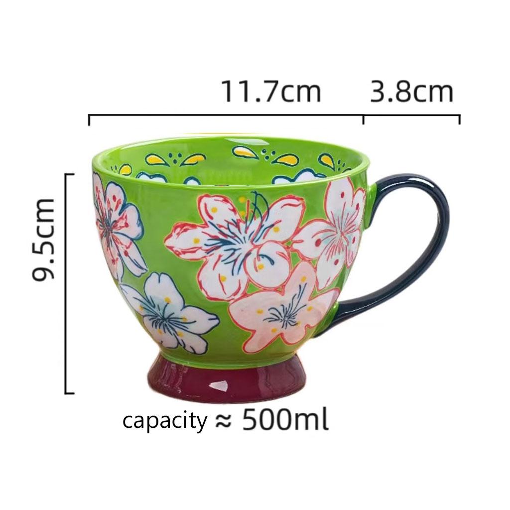 500ml Hand-Painted Ceramic Breakfast Mug – Colorful Glaze Flora lLarge Cup with Wide Mouth – Microwave & Dishwasher Safe