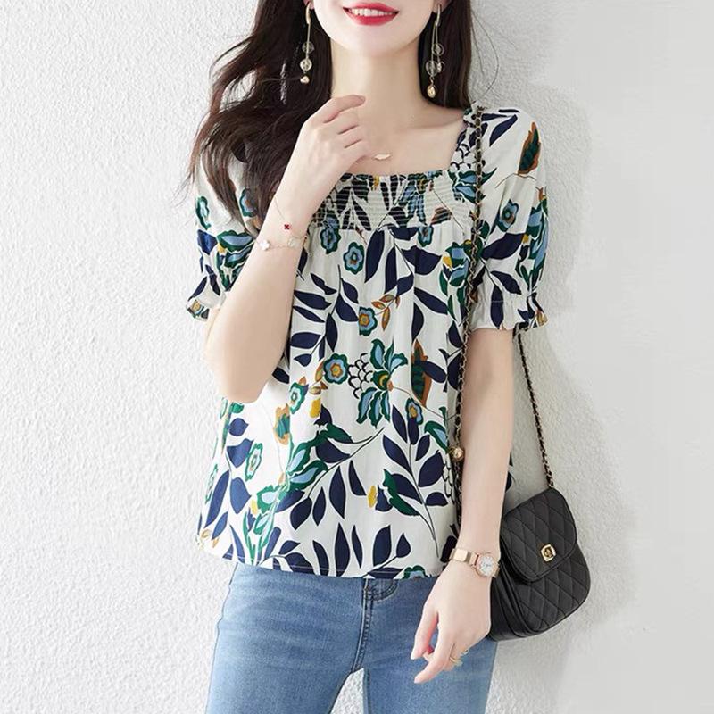 

Qooth Женская рубашка с квадратным вырезом, цветочным принтом, темпераментная, модная, короткая, на лето, размеры S-3XL, QT2174 XXXL