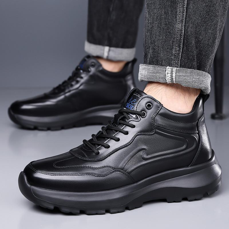 High Quality Cow Leather Sneakers Men Autumn Winter Fashion Casual Cotton Shoes Male High Top Black Sports Platform Shoes Man