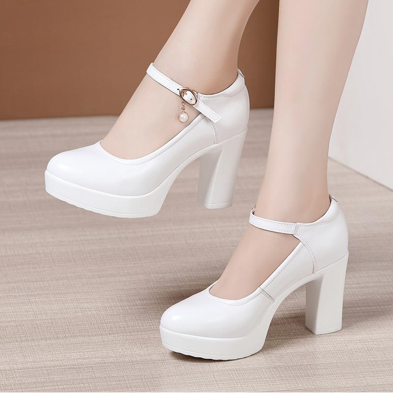 Fashion Size 32-43 Genuine Leather Thick Bottom Platform Pumps Women Wedding Shoes White 2024 Block High Heels Shoes for Office Model