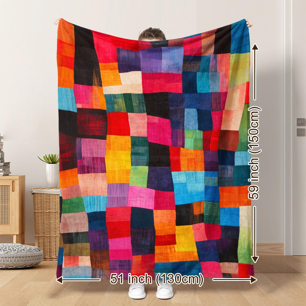 1pc Colorful Patchwork Plush Blanket, Perfect Gift for Art & Home Decor Lovers, Ideal for Holiday Presents, Cozy Sofa Throw