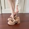 Suede high-heeled Mary Jane shoes women's retro bow high-heeled shoes round head shallow mouth one-word buckle belt thick-heeled single shoes women