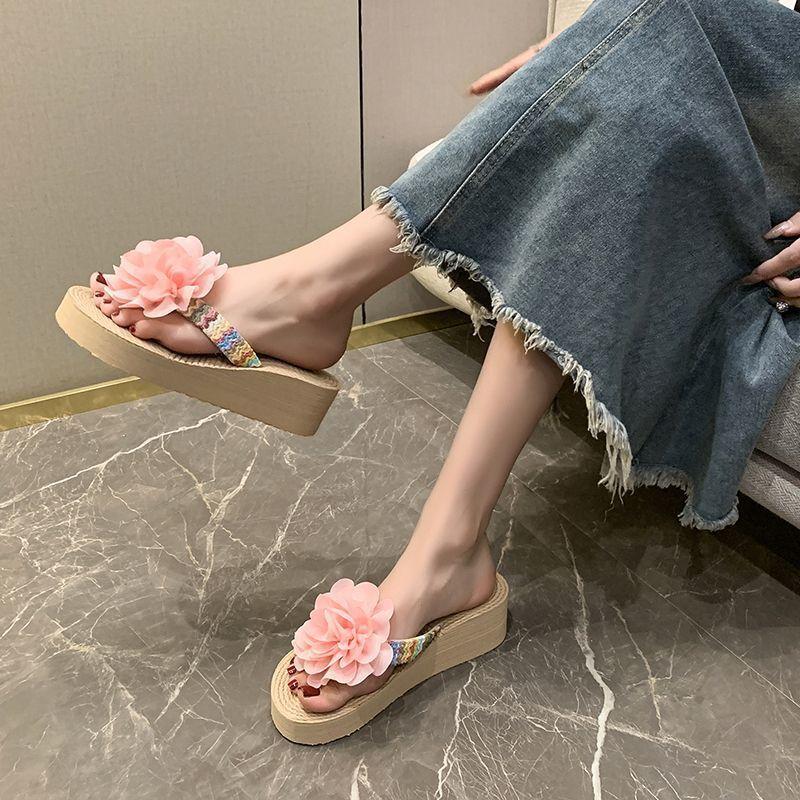 Wedge heel non-slip flip-flops flower cool slippers women's 2025 summer outer wear platform beach shoes women