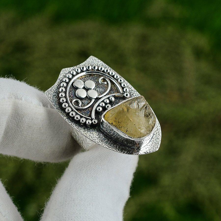 Mothers day Sale Pentagon Citrine Rough Gemstone Statement Ring Sterling Silver Adjustable