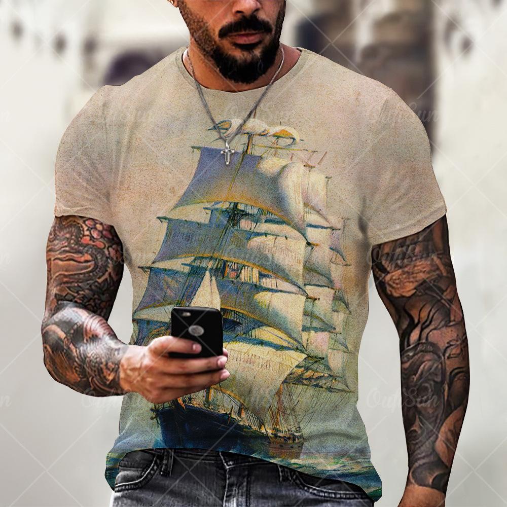 Sommer Rundhals Nautisches Schiff 3D-Druck Top Modische Lässige Kurzarm Herren T-Shirts