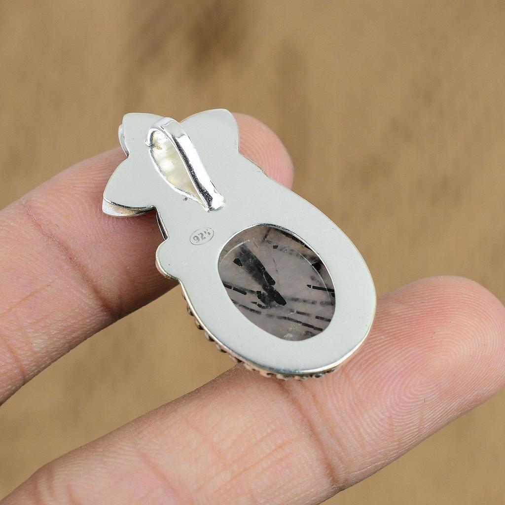 Gift For Her 925 Sterling Silver Natural Black Rutile Gemstone Pendant Flower