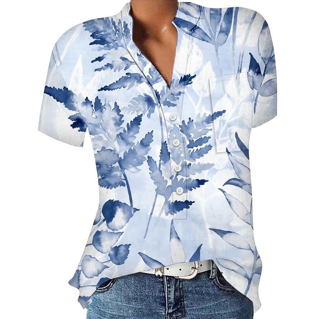 Lässige, bedruckte, kurzärmelige Hemdpullover mit V-Ausschnitt und lockeren Blusenoberteilen für Damen