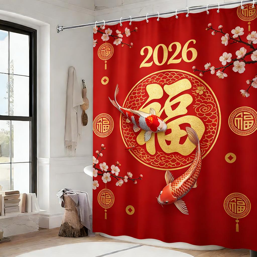 Red Bird at Sunset Lake Wetland Waterproof Shower Curtain for Tropical Bathroom Decor