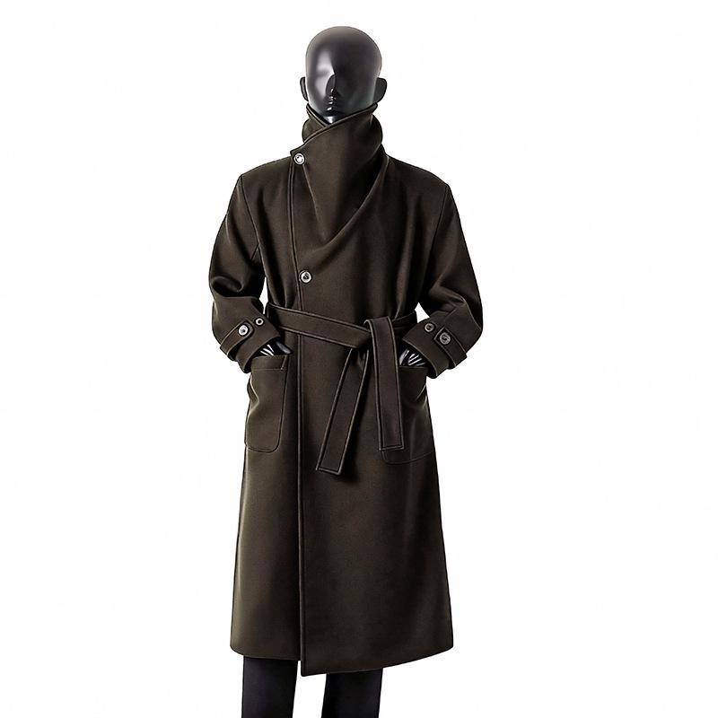 Men's Asymmetrical Long Cashmere Coat with Stand Collar and Belt - Plus Size, Loose Fit Outerwear for Autumn and Winter.