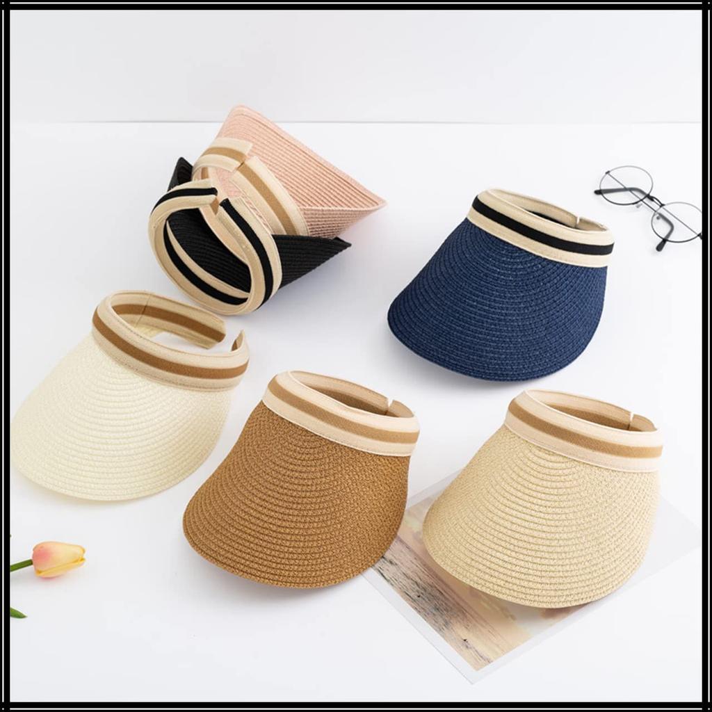Straw Sun Visor Hat Stylish Long Brim Cap for Women CA553 [White Fang] (Black)