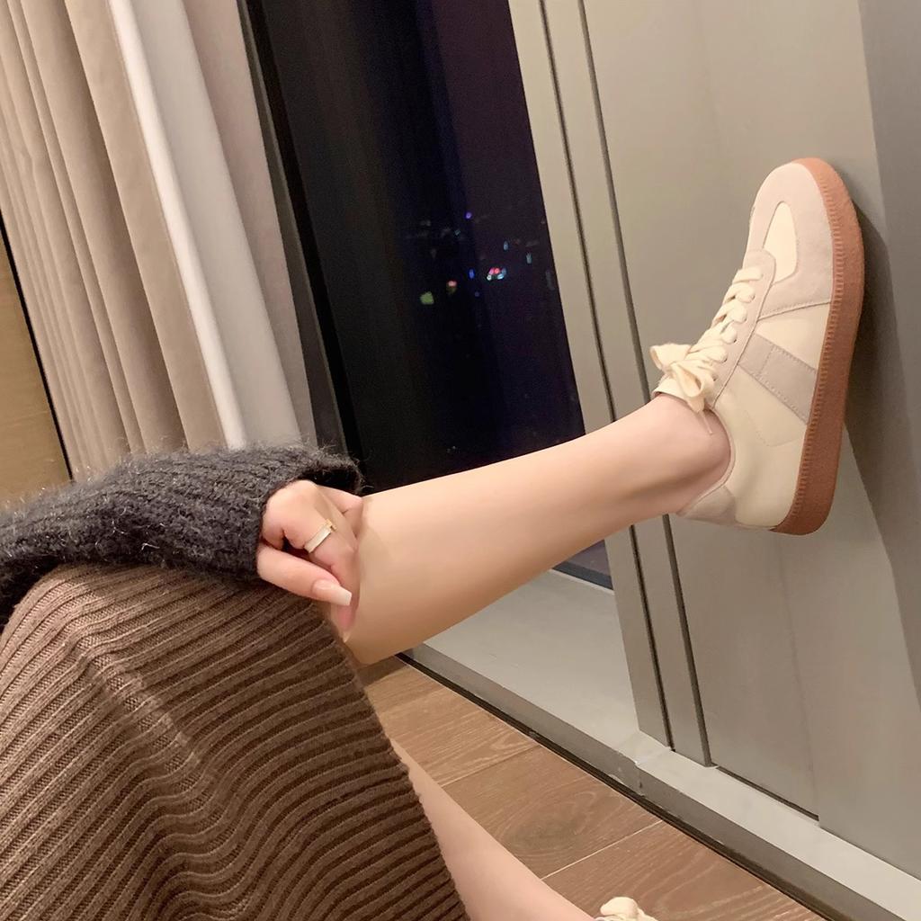 Cowhide Version~ Retro Round Head Color Matching Casual Board Shoes Lace-up Little White Shoes Women's Board Shoes Spring and Autumn New