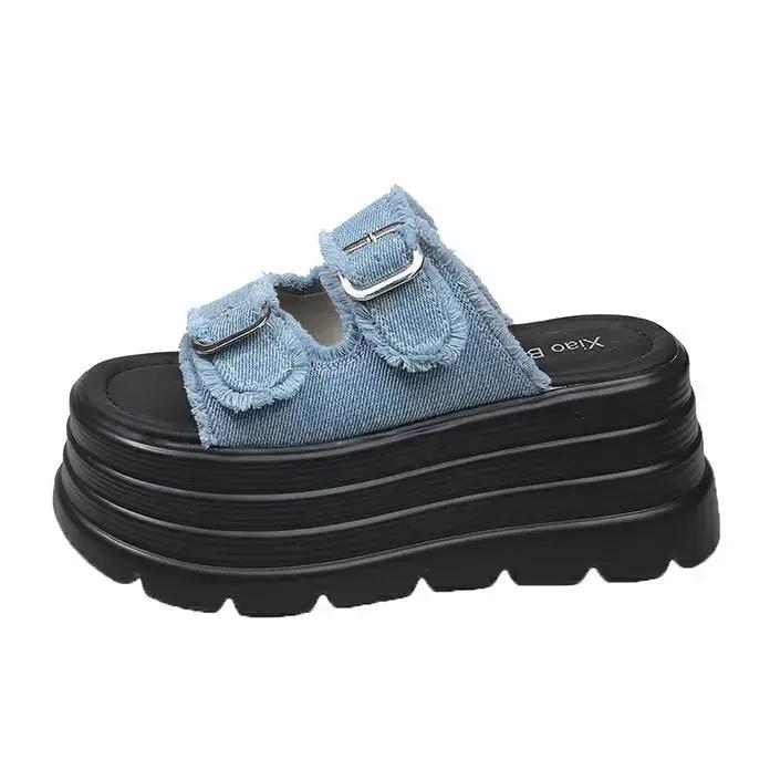 8CM Klobige Plateau Canvas Sandalen Damen Dicke Sohle Keilabsatz Hausschuhe Weiblich Neu Sommer Rutschfest Strandschuhe Frau Schnalle Pantoletten
