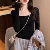 All-in-one Woolen Square Collar Shoulder T-shirt with Chest Pad Autumn and Winter Slim Long Sleeve with A Base Blouse Blouse Woman