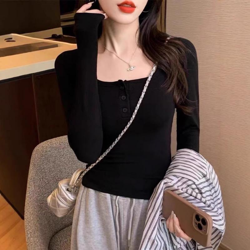 All-in-one Woolen Square Collar Shoulder T-shirt with Chest Pad Autumn and Winter Slim Long Sleeve with A Base Blouse Blouse Woman