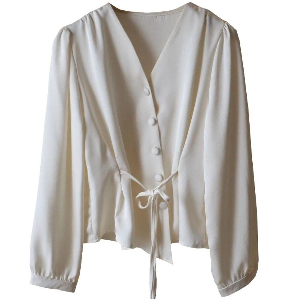 Slim Fit Long Sleeve Shirts V-neck Office Ladies Tops Fashion Button Up Blouse  Office