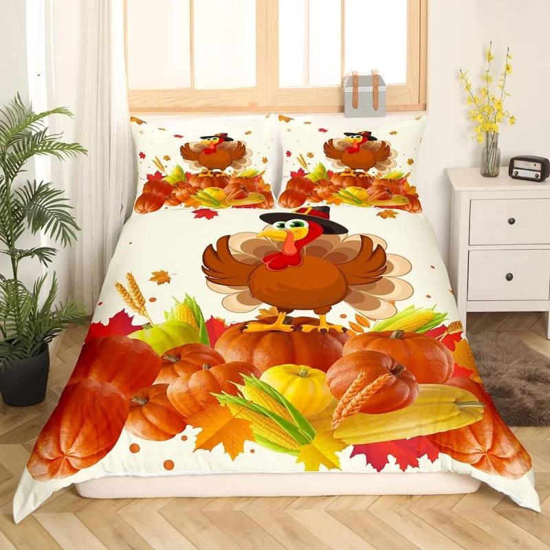 

Autumn Pumpkin Bedding Three Piece Set Rural Farmhouse Boys And Girls Turkey Thanksgiving Decoration EU Twin(135x200cm)