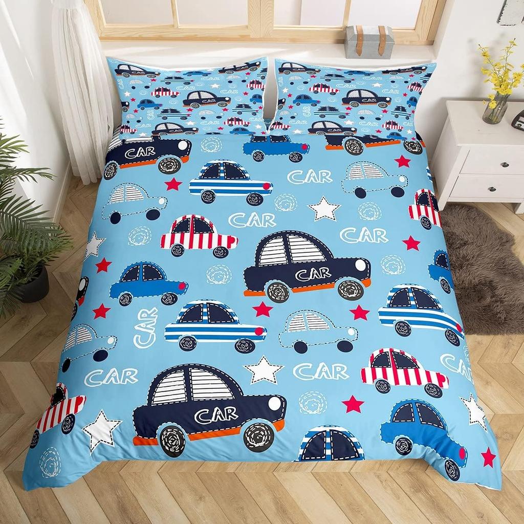 Colorful Cartoon Car Duvet Cover Set Twin King Train Truck Police Car Print Quilt Cover Cartoon Vehicle Bedding Set For Boy Teen