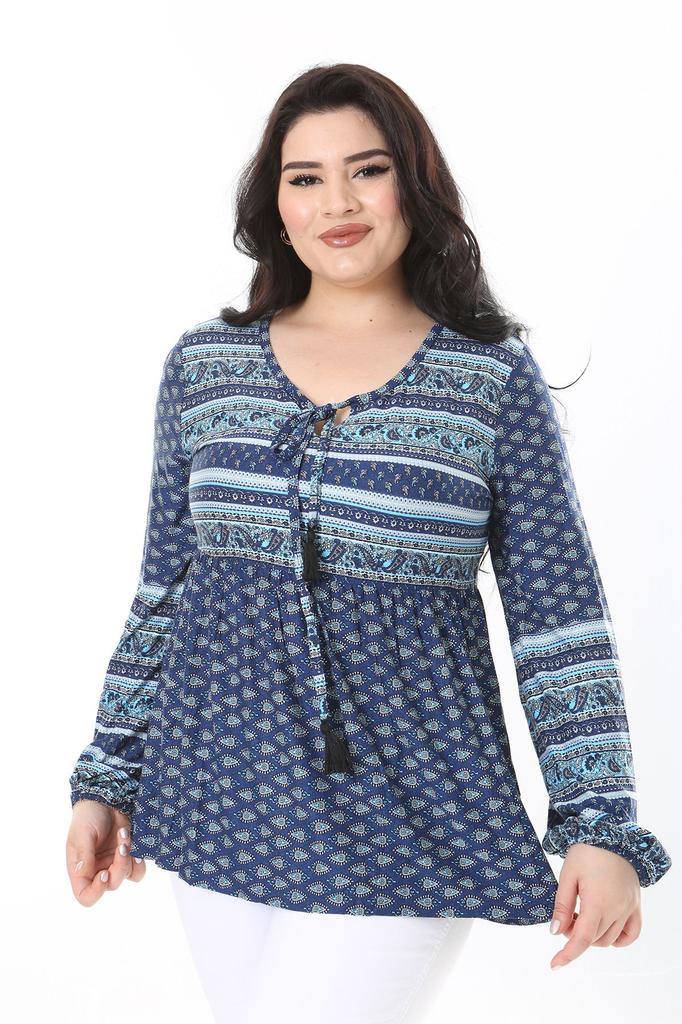 Damen Übergröße Bluse Plus Size Blau Kusskragen Taille Elastisch Detaillierte Bluse