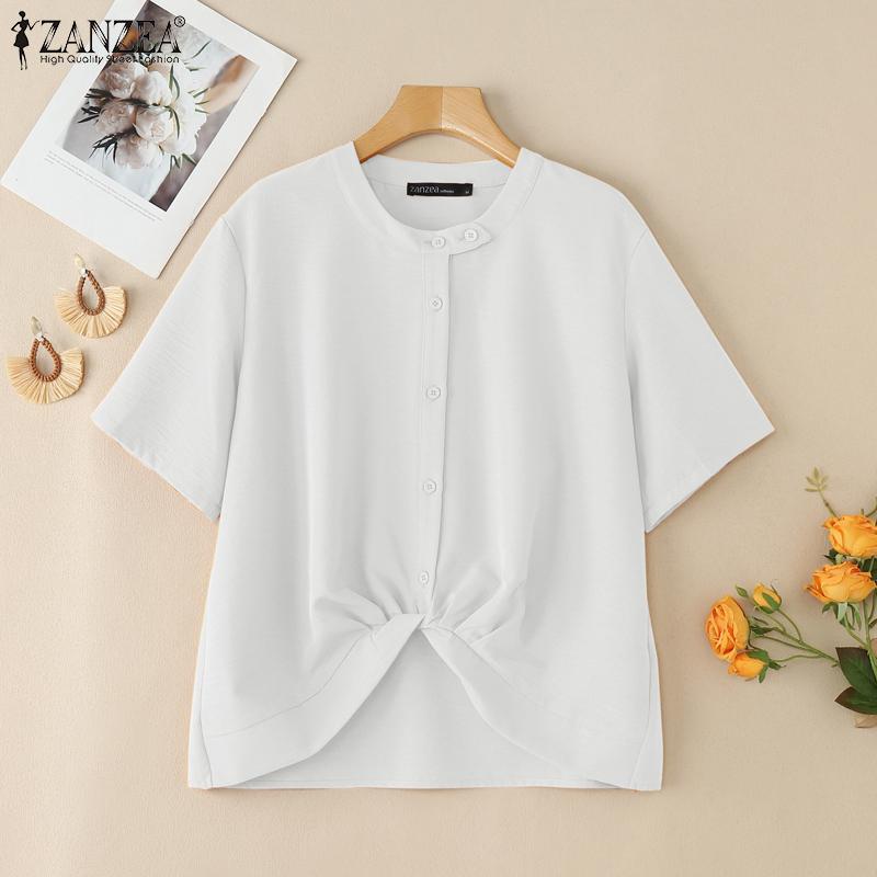 

ZANZEA Women Round Neck Short Sleeve Twisted Solid Color Casual Blouse S білий
