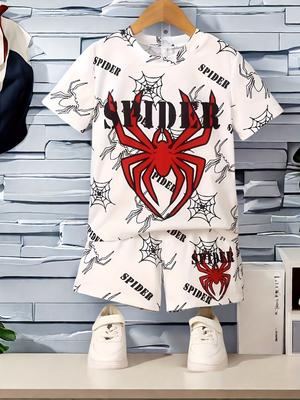 2pcs Boys Cool Spider Web Print Versatile Short Sleeve T-shirt & Shorts Set, Cool, Lightweight And Comfy Summer Clothes