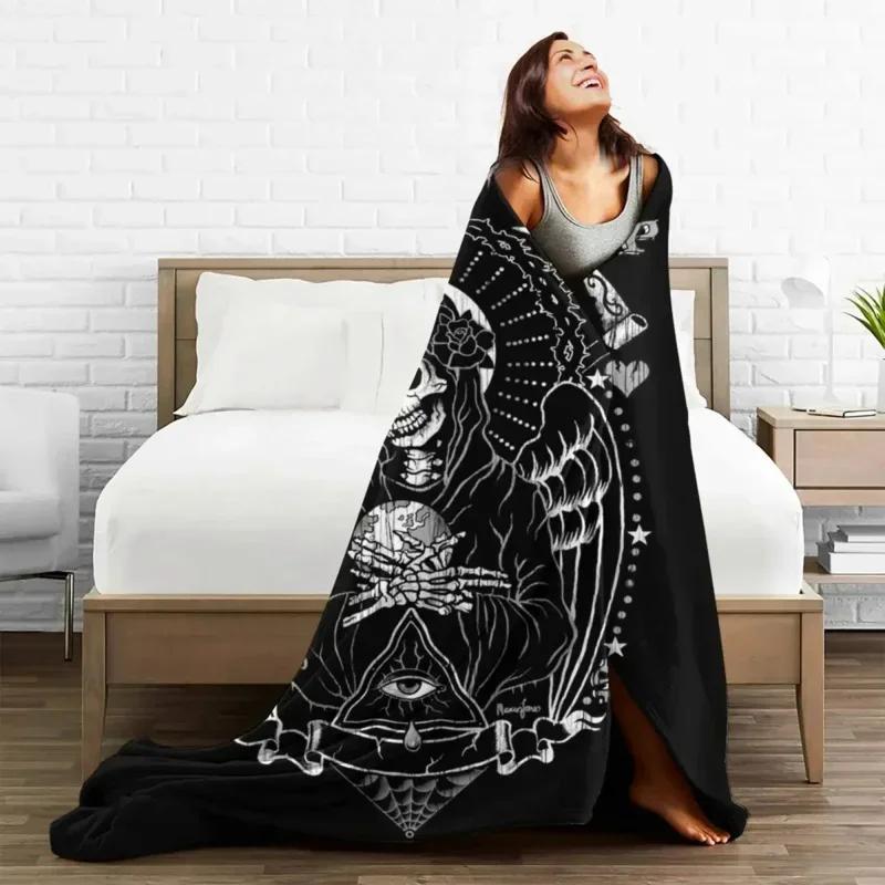 Holy Death Santa Death Skull Blanket Velvet Horror Halloween Ultra-Soft Throw Blankets for Airplane Travel Bedroom Quilt