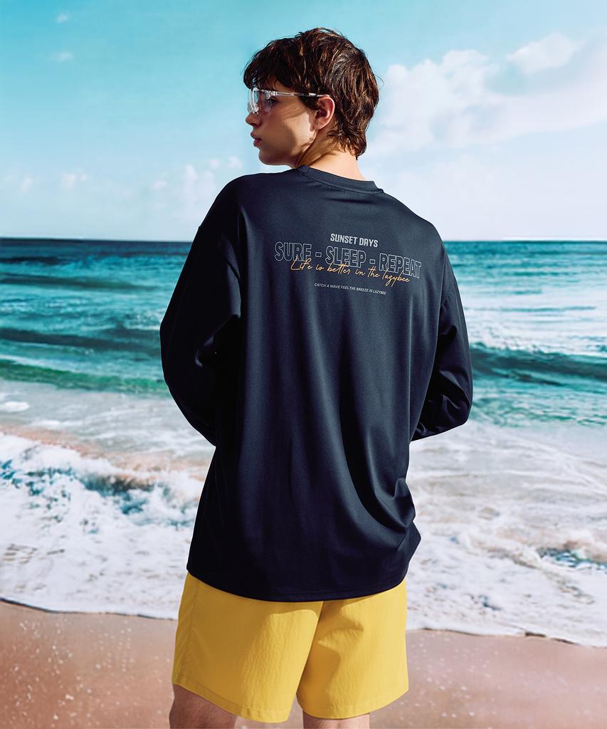 Leijibi [Set] Dry-Cooling Oversized Long Sleeve Rash Guard + Swimsuit Shorts Set W Black 2