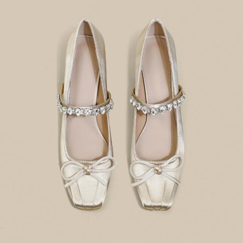 Soft Leather Version Chinese Bow Rhinestone Ballet Square Head Thick Heel Mary Jane High Heel Single Shoes Women's Cheongsam Skirt