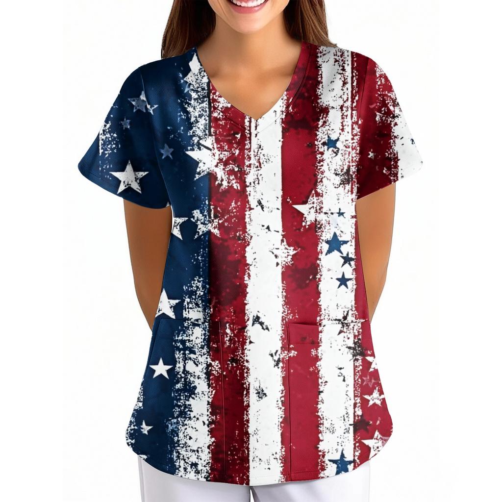 Women's Independence Day Printed Loose V-Neck Pocket Short-Sleeve Caregiver/Uniform