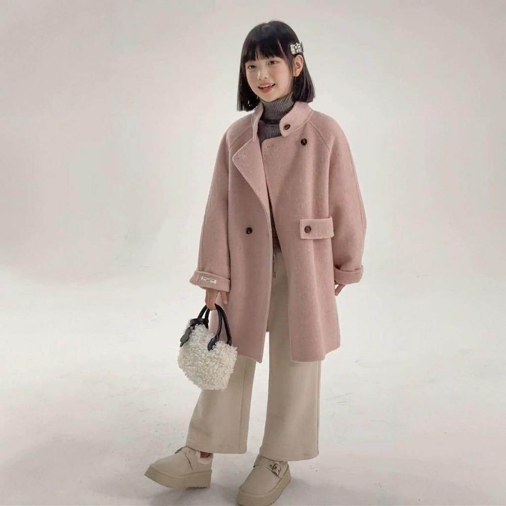 Mädchen Modischer Kirschblütenrosa Wollmantel, Lockerer Baumwollgefüllter Wollübermantel für Kinder Herbst und Winter