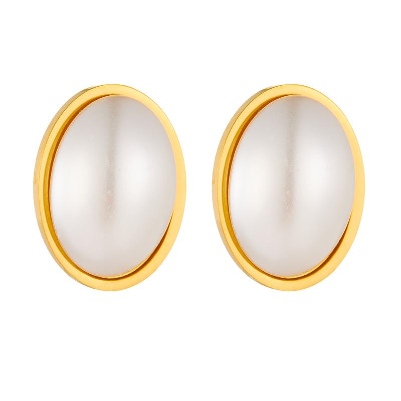 Gold Oval Mother of Pearl Stud Earrings for Women