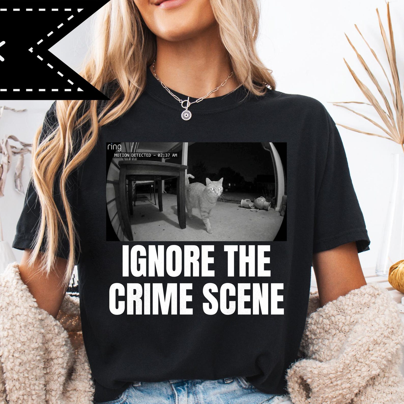 Ignore the Crime Scene Cat Graphic Tee, Ring Motion Detected Shirt, Gift for Cat Lovers, Silly Cat Meme Shirt S