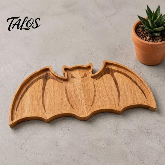 Handcrafted Wood Craft Bat-Shaped Wooden Serving Tray, Halloween Theme Snack Dessert Platter, Solid Trinket Dish Decorative Storage Plate for Jewelry