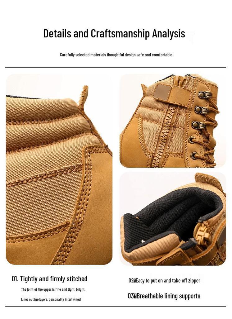 Men's High-Top Wheat Safety Shoes: European Standard, Anti-Smash, Anti-Pierce, Wear-Resistant, Durable Leather with Zipper Style.