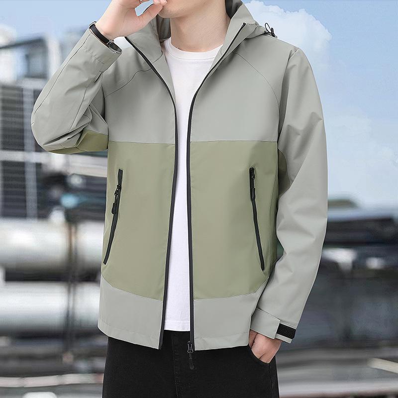 Men's Color Block Hooded Windbreaker: Waterproof, Detachable Hood, Ideal for Spring-Autumn Mountaineering.