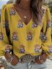 Retro Ethnic V-neck Women's Long-sleeved Top with Lantern Sleeves Featuring Totem Print In Bohemian Style, Suitable for All Season