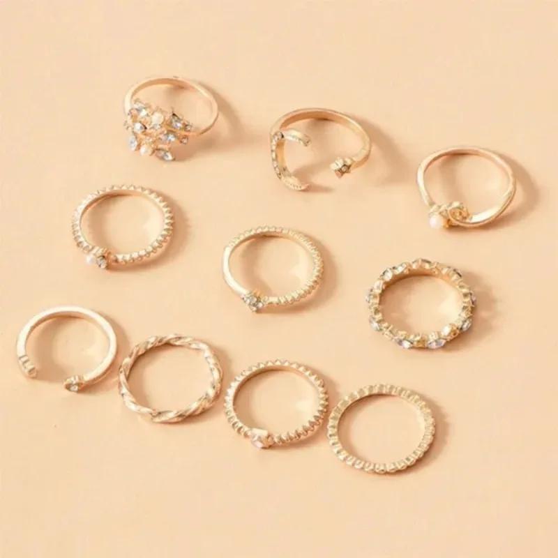10 Pcs/Set Lady Fashion Gold Pearl Ring Jewelry Set Crystal Flower Moon Star Opening Heart Geometric Rings