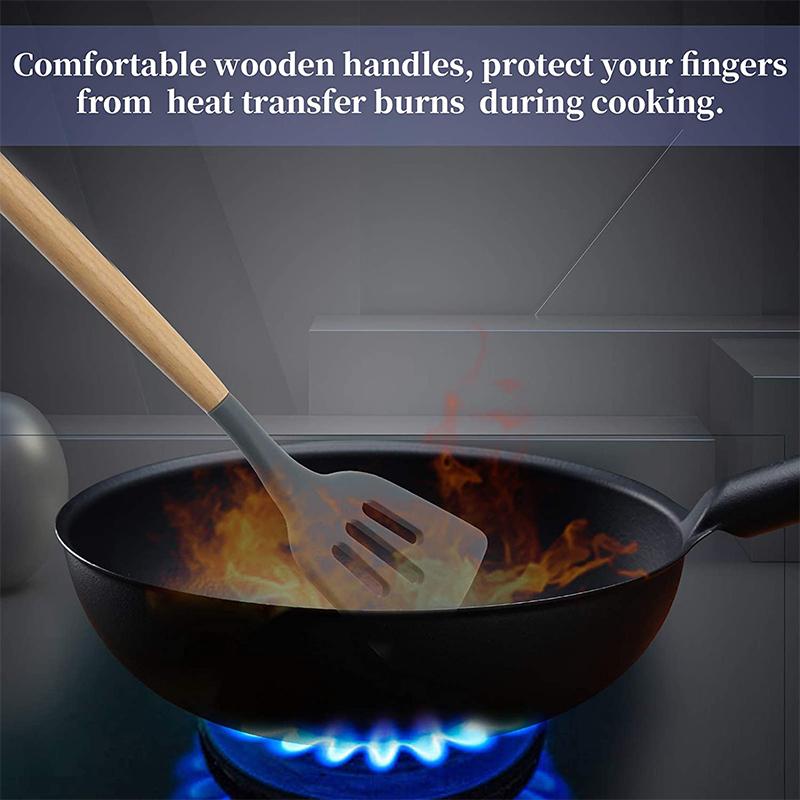 Non-Stick Silicone Slotted Spatula Turner Heat Resistant Cooking Shovel Scoop Skimmer Turner with Wooden Handle Pancakes Spatula