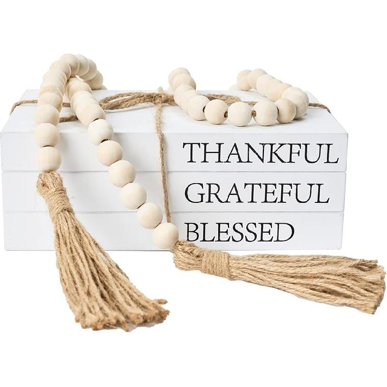 Decorative Books for Home Decor, White Faux Books for Decoration, Rustic Farmhouse Stacked Display Books (Thankful Grateful Blessed) Thankful Grateful Blessed