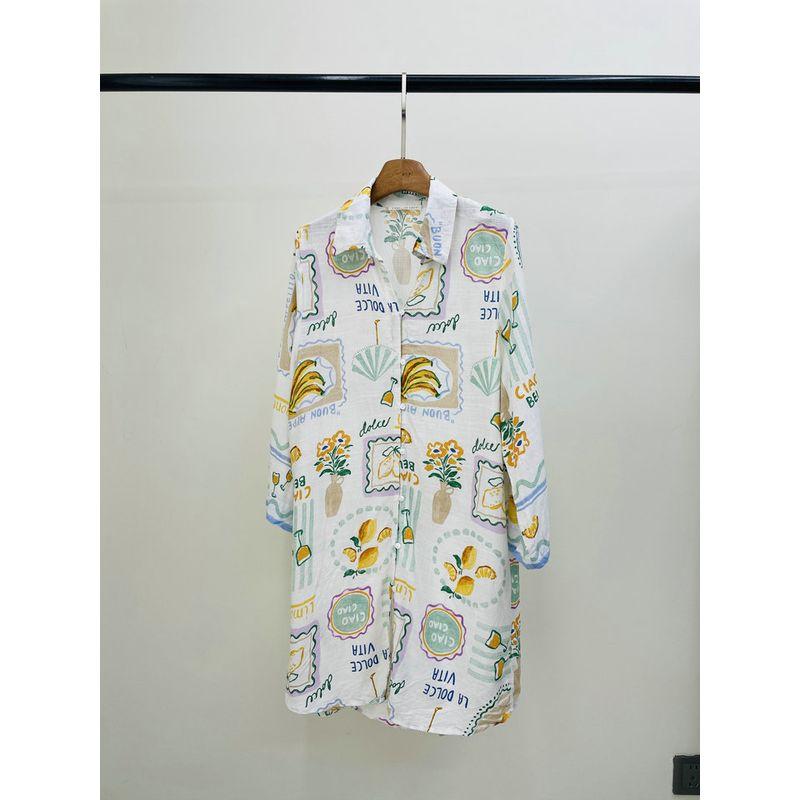 Australian Label of Love Fruit Fermentation Artistic Sense Niche Graffiti Print Cotton and Linen Shirts Mid-Length