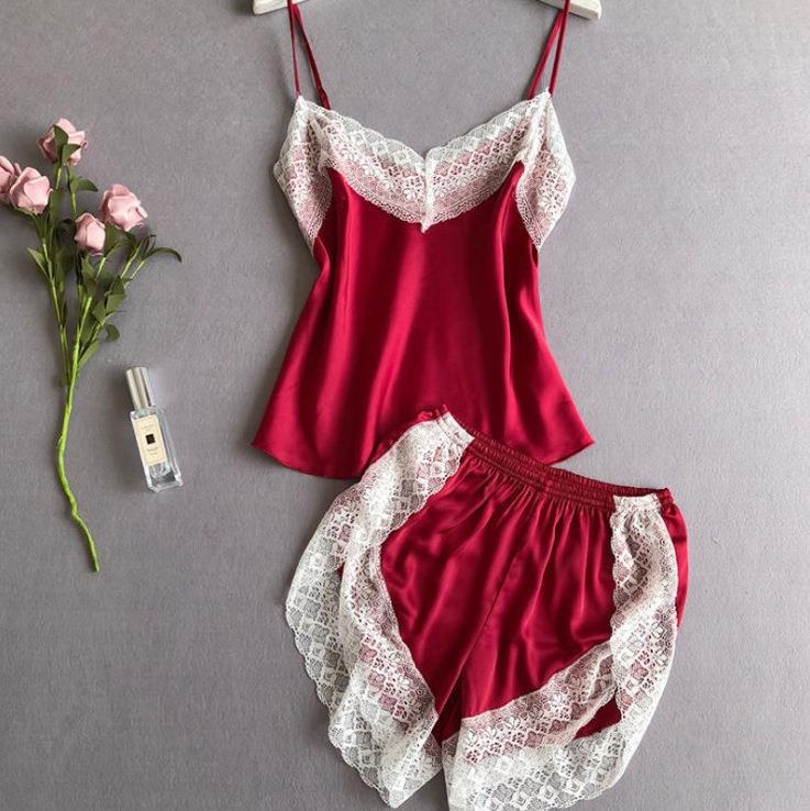 Pajama set, women's ice silk thin style with chest pad suspender shorts, two new lace can be worn outside loungewear