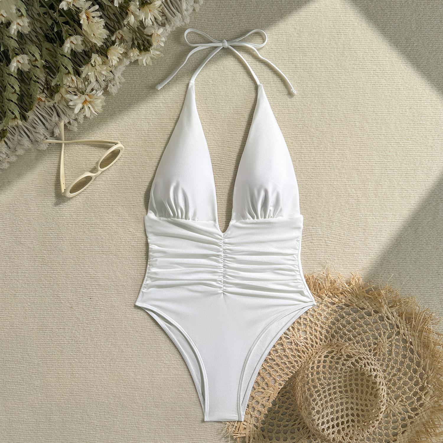 2026 European and American New Nylon One-piece Swimsuit Female Sexy Deep V Neck Bikini S белый