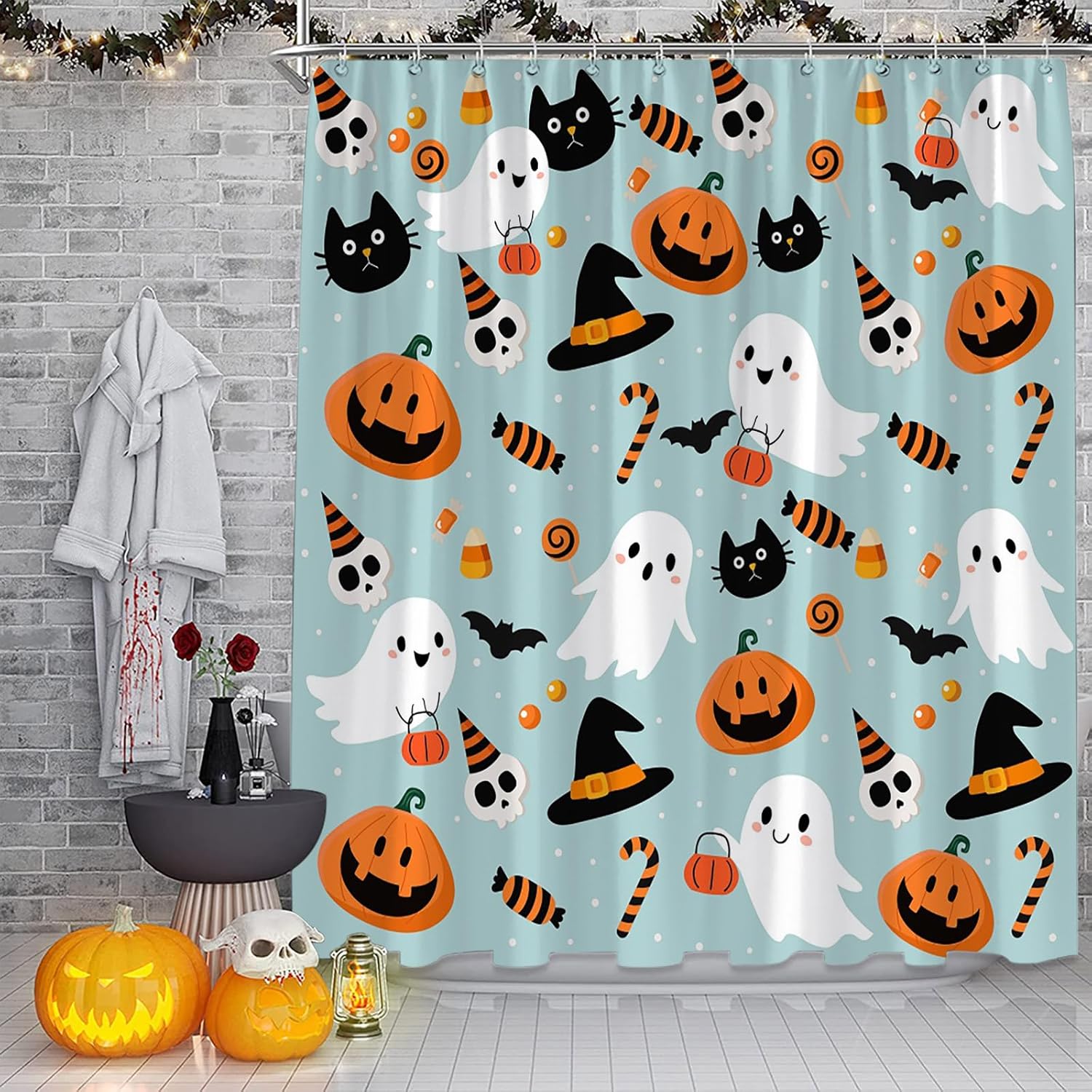 

Halloween Shower Curtain Cute Ghost Pumpkins Cartoon Spooky Skull Gothic Fabric Decorative Bathroom Curtains with Hooks,Teal 90x180CM
